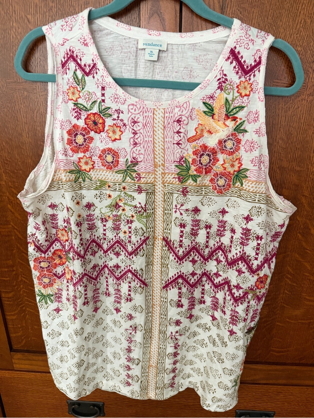 Sundance Cream Tank Top with Pink and Orange Floral Embroidery